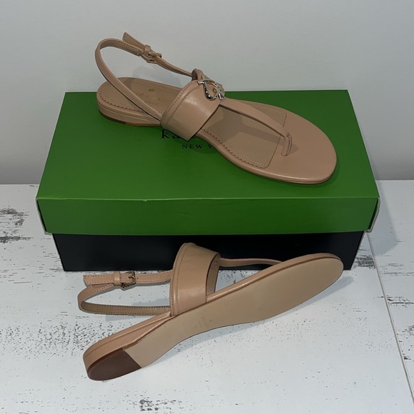 ♠️kate spade Kendra T-Strap Thong Leather Sandals, Light Fawn Tan NIB - Picture 13 of 14